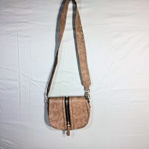Madison West Crossbody Handbag Womens Studded  Strap Tan Marble Faux Leather Bag